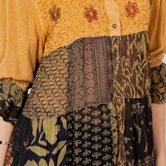 #116 NWT Young Threads Camel Earthy Boho Patchwork Tiered Top Woman Size L - Picture 14 of 16